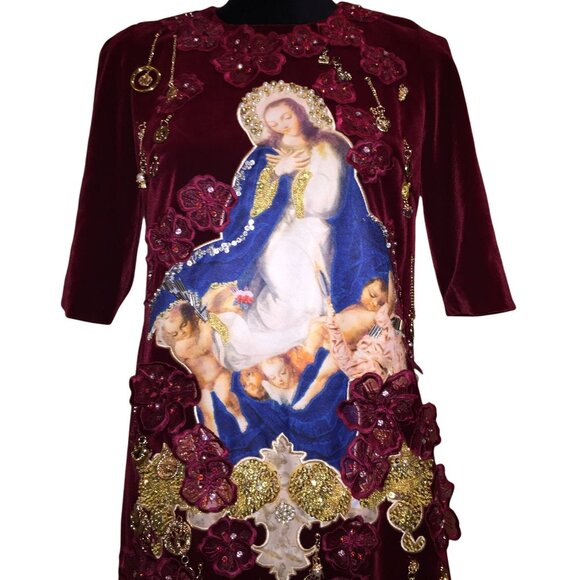 Luxury Designer Runway Embroidery Velvet Beaded Baroque Burgundy Red Gold Dress - Picture 4 of 16